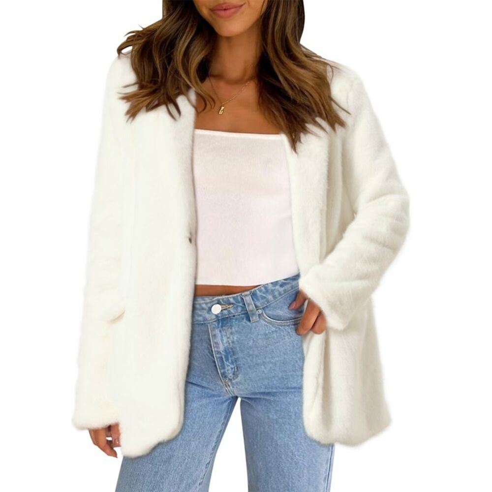 Women's Faux Fur Coat Fall Winter Fluffy Fur Coat Open Front Jacket Beige